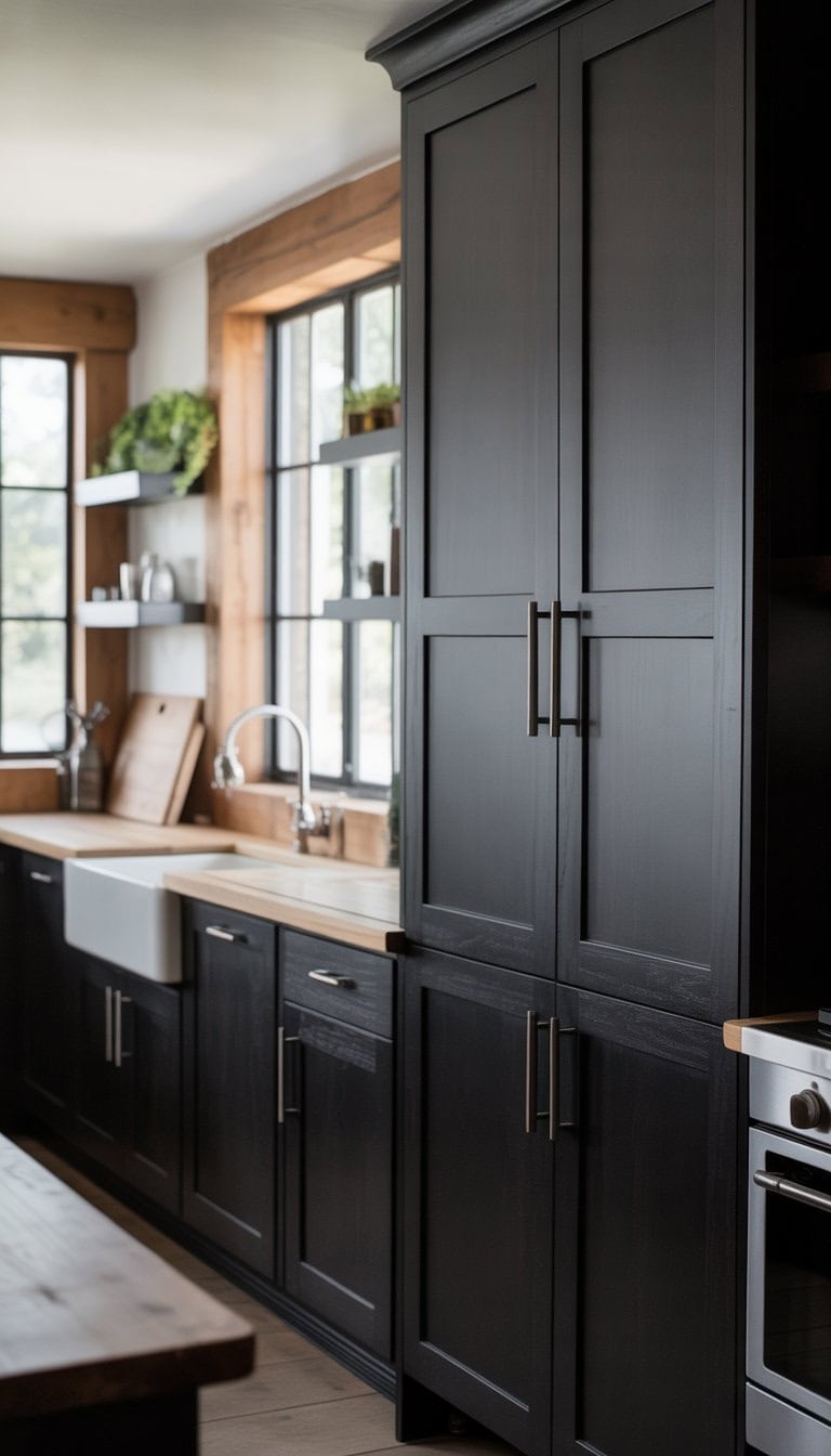 A bright kitchen with black shaker-style cabinets, light countertops, and stainless steel appliances.
