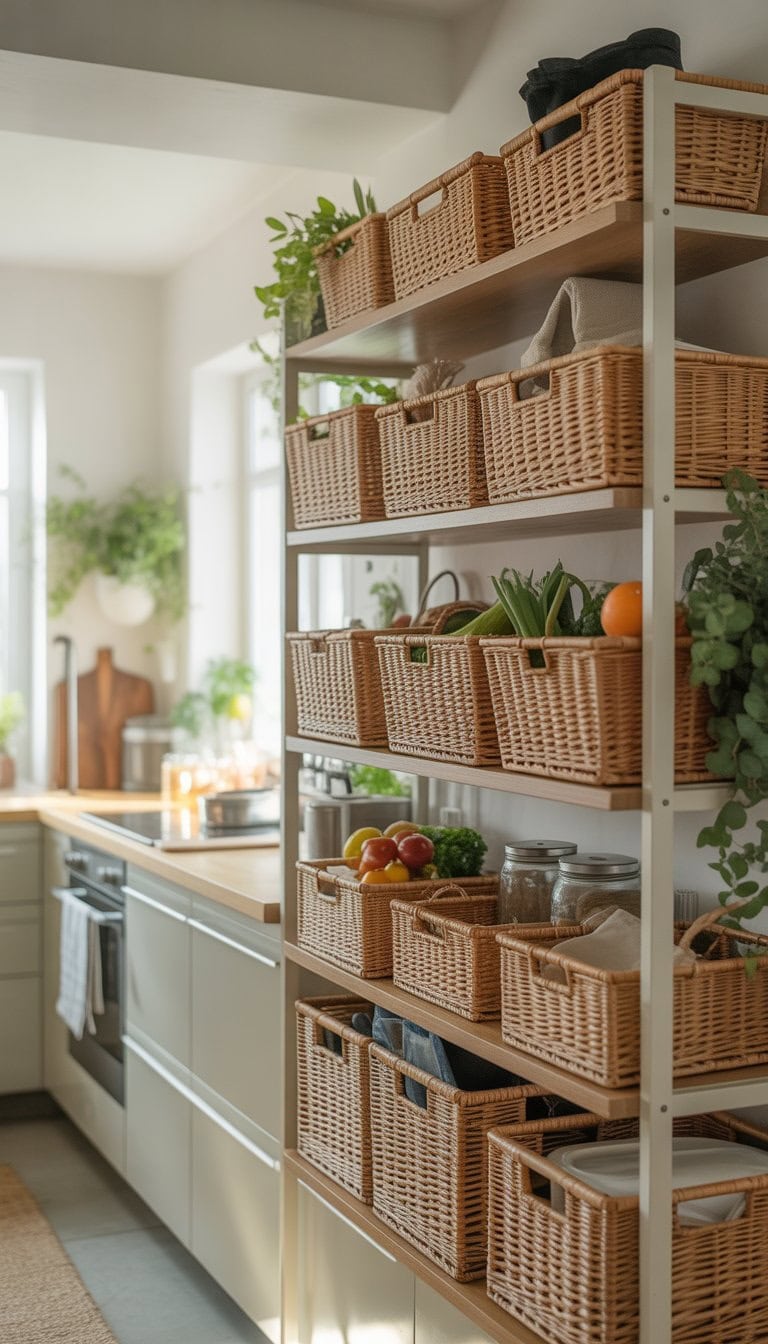 A kitchen with open shelves holding woven baskets filled with kitchen items, bright natural light, and light wood countertops.