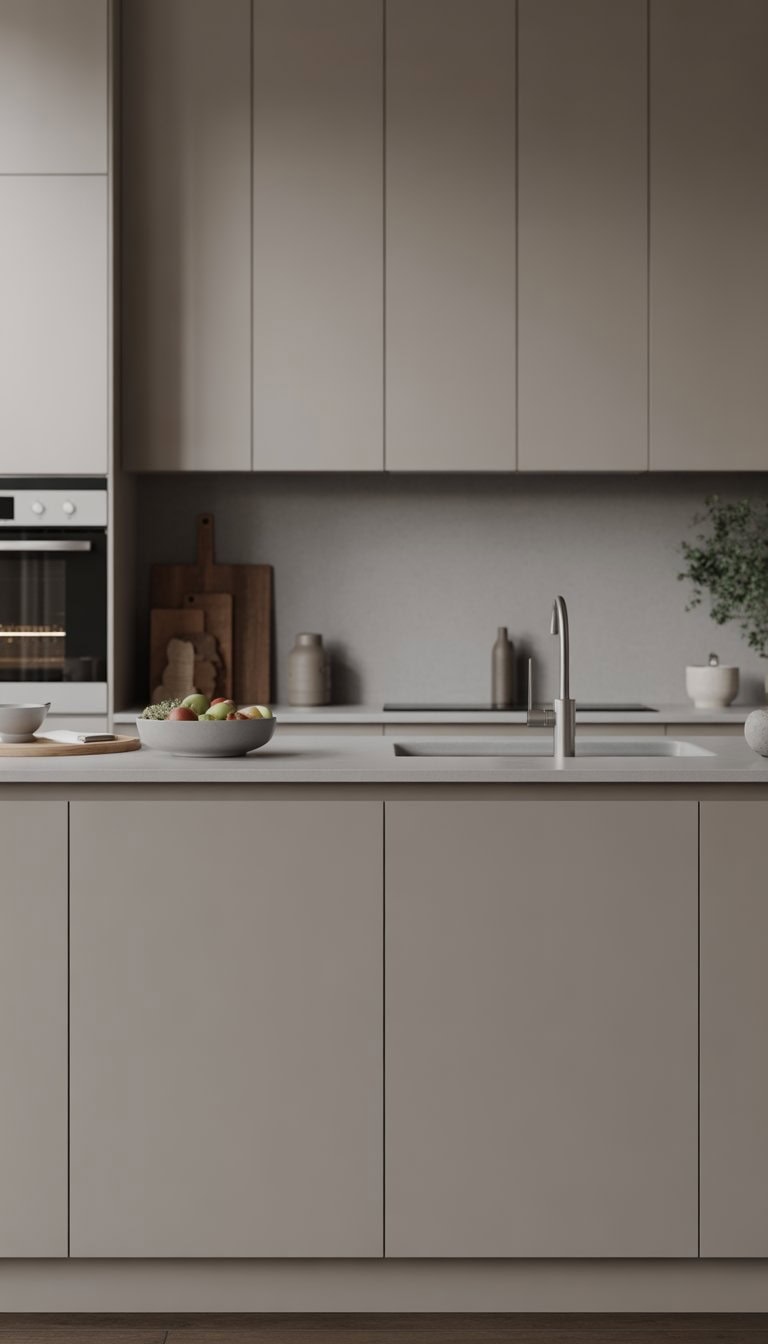 A modern kitchen with smooth handleless cabinets, a clean countertop, and built-in appliances in a bright, spacious room.