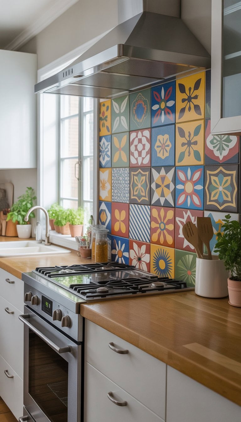 A modern kitchen with a colorful patterned tile backsplash, white cabinets, wooden countertop, and stainless steel appliances.