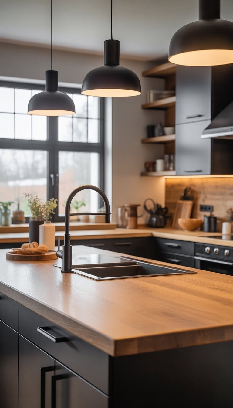 A bright kitchen with wooden countertops and black fixtures, including a faucet and cabinet handles.