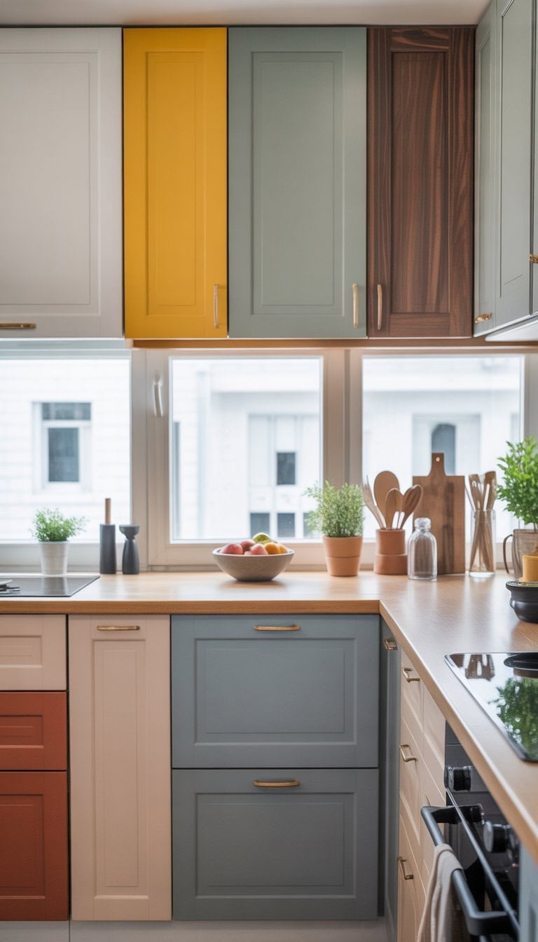 A modern kitchen with various cabinet doors in different colors and finishes, illuminated by natural light.