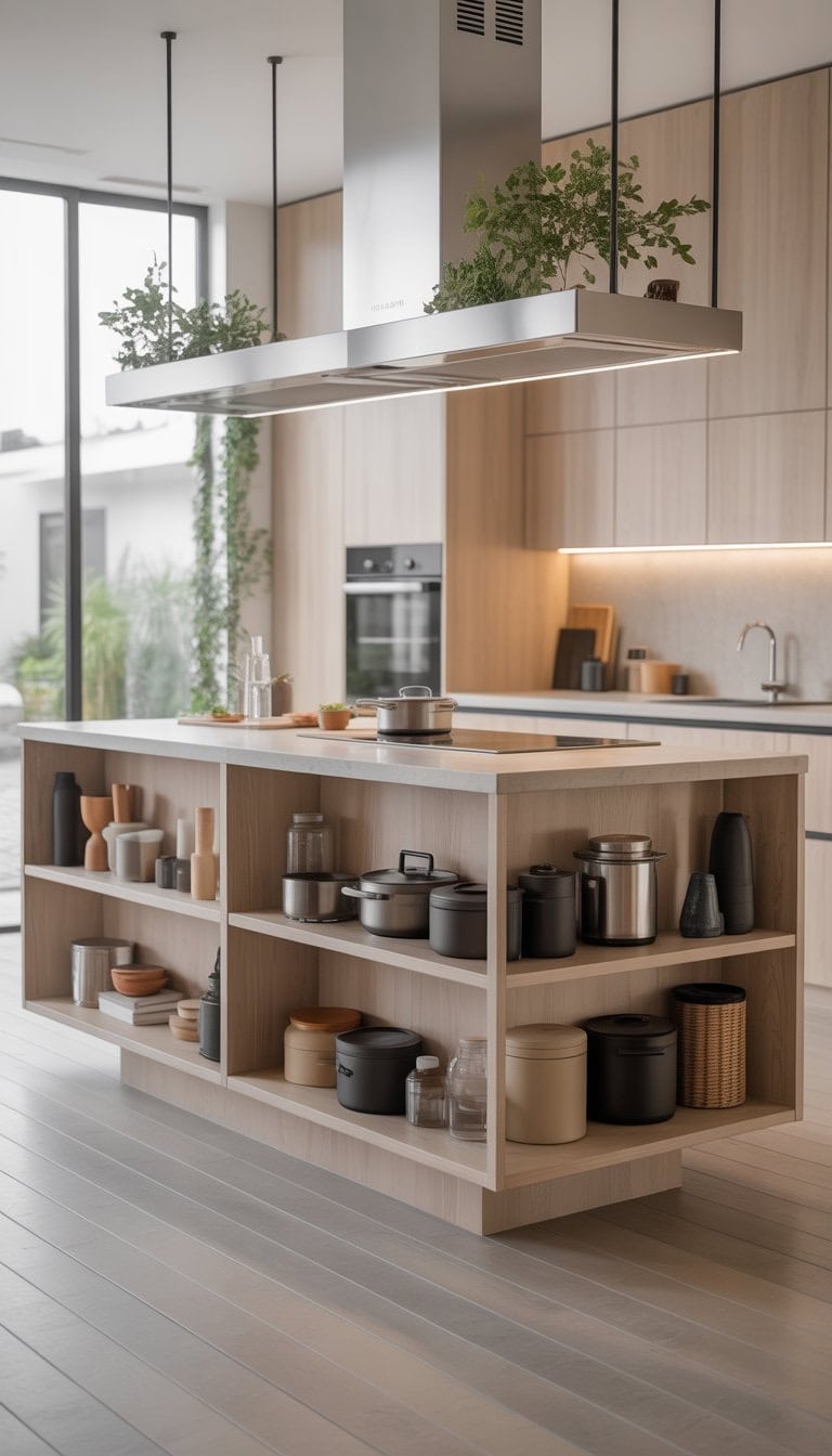 A floating kitchen island with open storage shelves below, displaying organized kitchenware in a bright and modern kitchen.