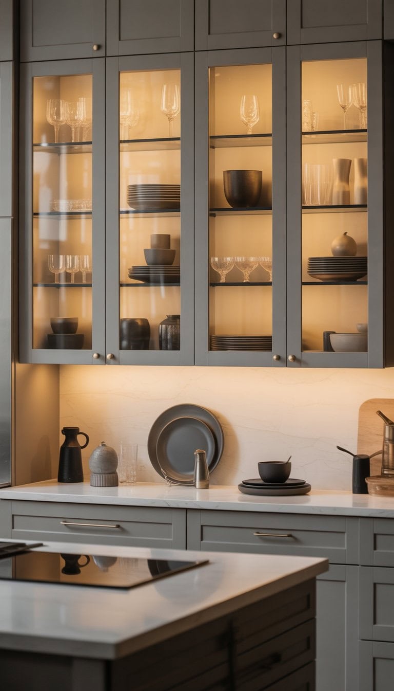 A modern kitchen with glass-front upper cabinets displaying elegant dishware inside.