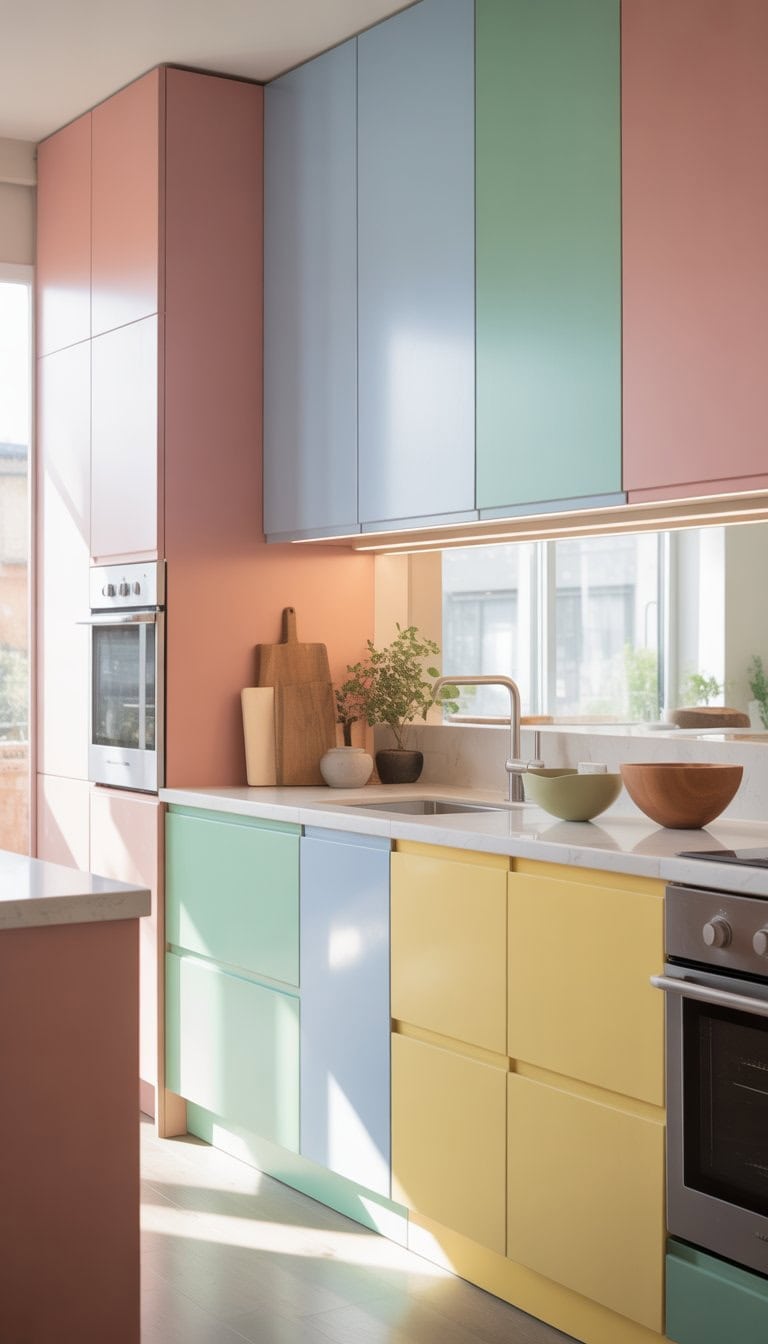 A bright kitchen with pastel-colored cabinets, natural light, wooden flooring, and modern appliances.