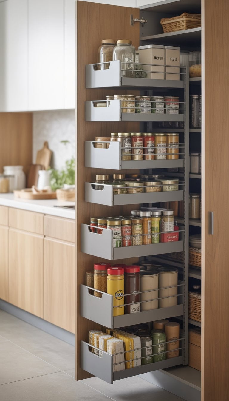 A neatly organized kitchen pantry with pull-out drawers and wire baskets filled with jars, cans, and containers.