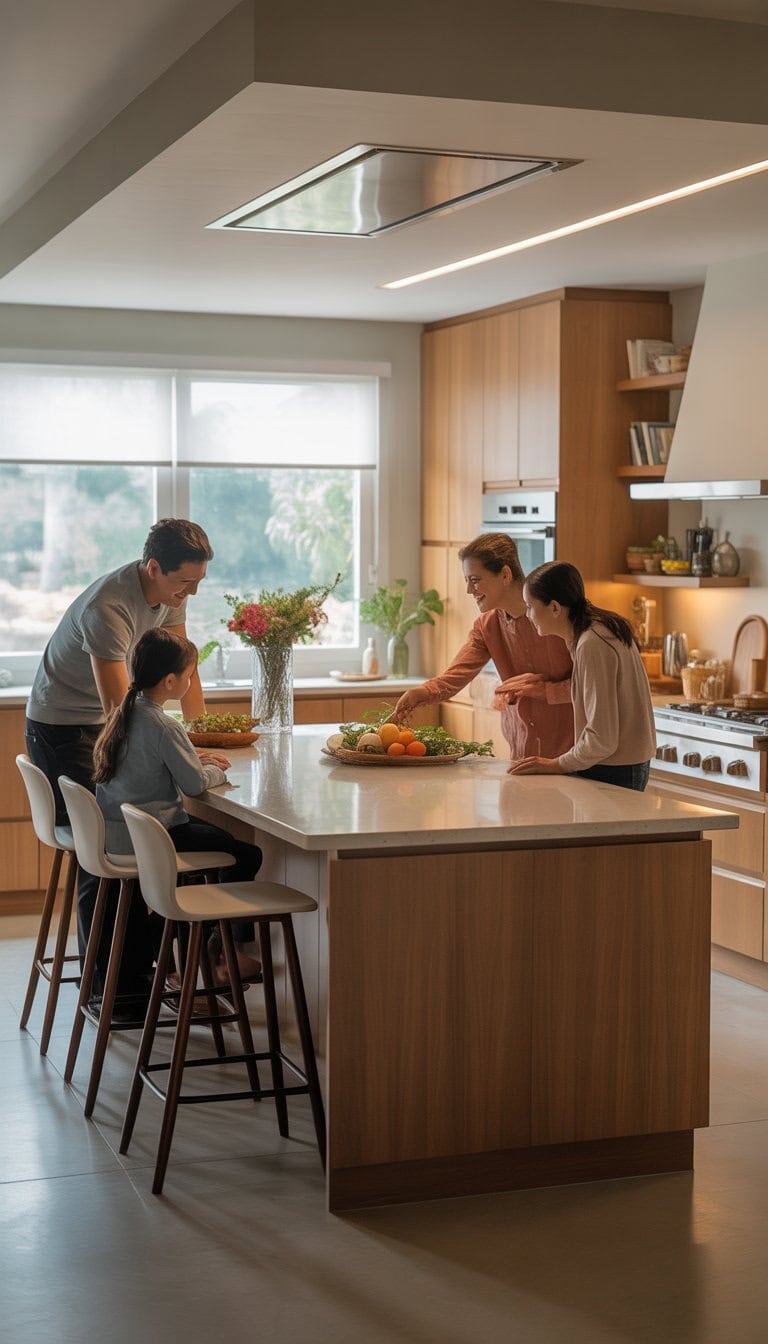 A large kitchen island with seating surrounded by a modern kitchen filled with natural light.