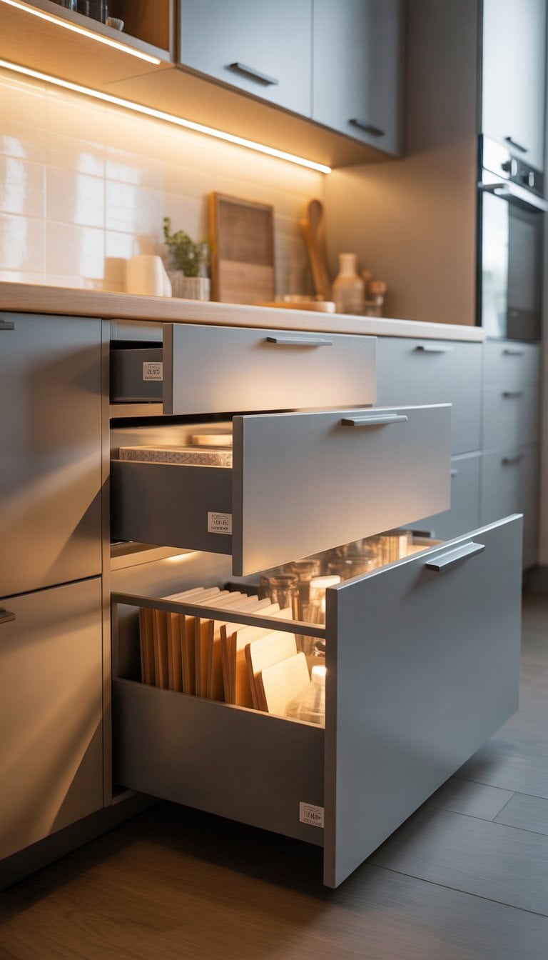 A modern kitchen with open drawers illuminated by built-in lights, showing organized storage inside.