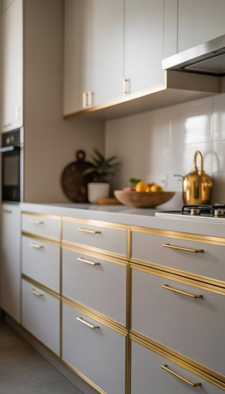 A bright kitchen with white cabinets and warm brass handles and fixtures.