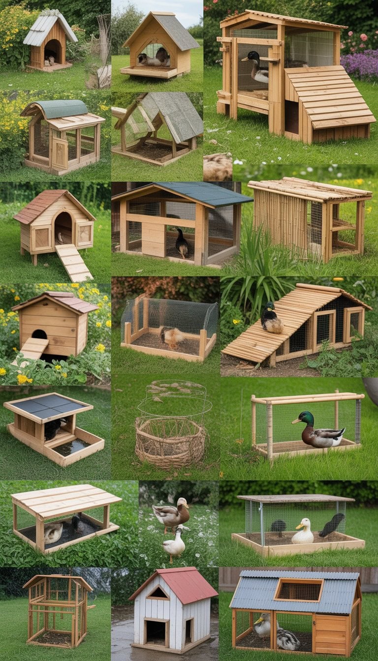 Outdoor garden scene with multiple different duck enclosures made from wood and wire mesh, featuring ducks inside and around them.
