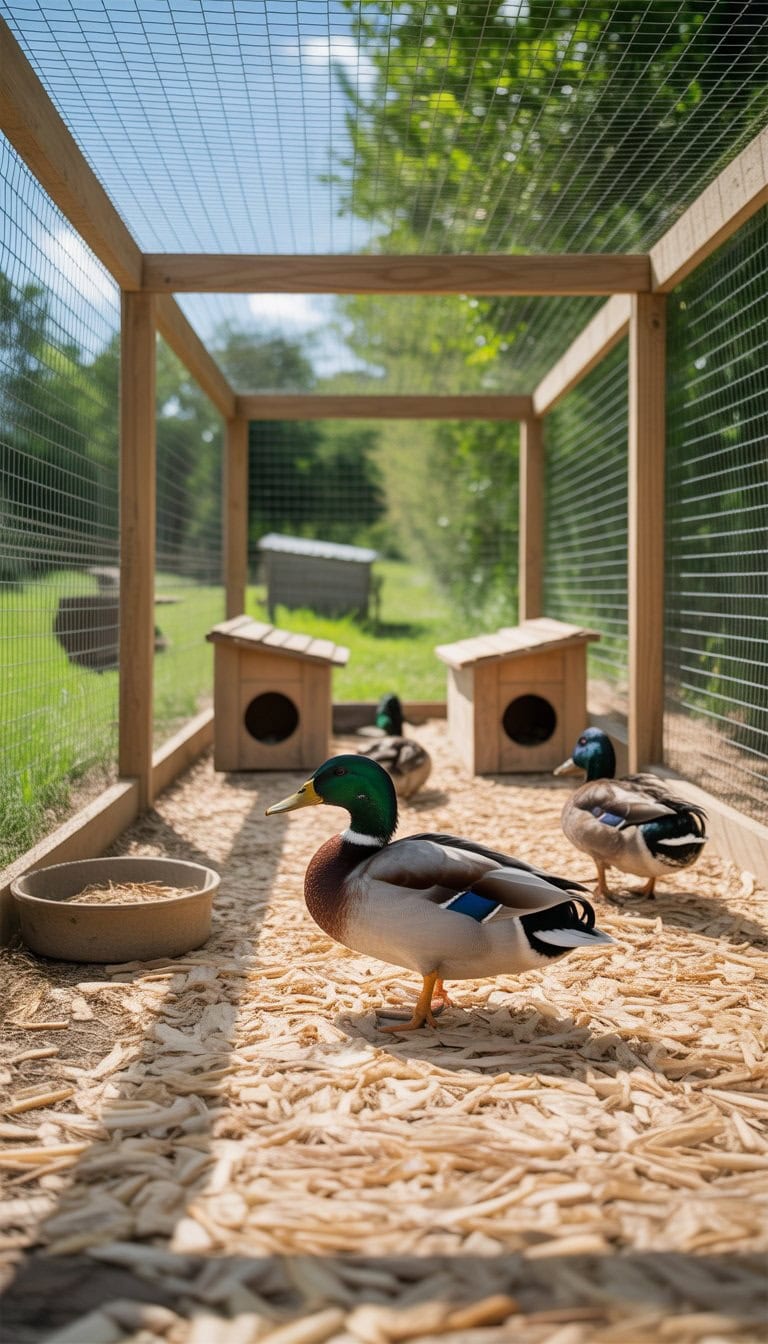 Outdoor duck enclosure with pine bedding and ducks resting inside a fenced area.