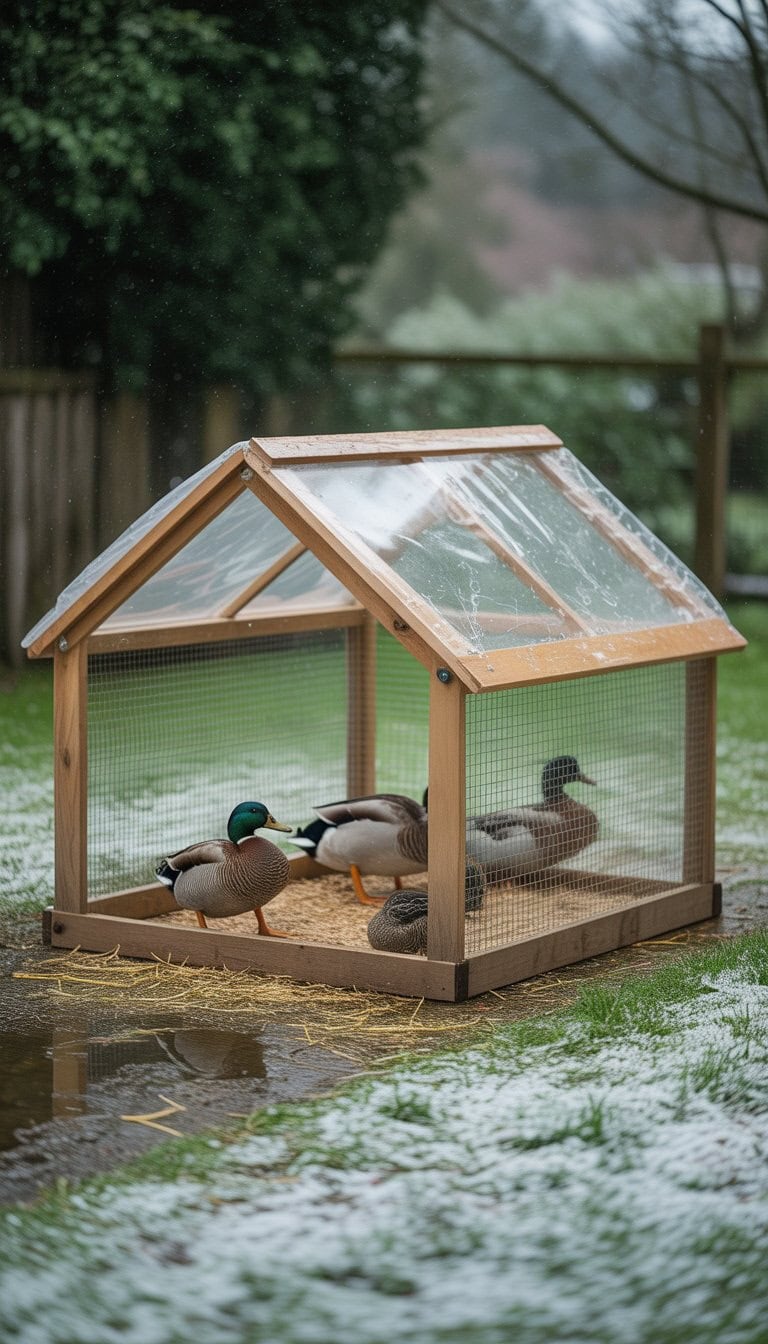 An outdoor covered duck enclosure protecting ducks from snow and rain with a transparent roof and wire mesh sides, showing ducks inside on straw-covered ground.