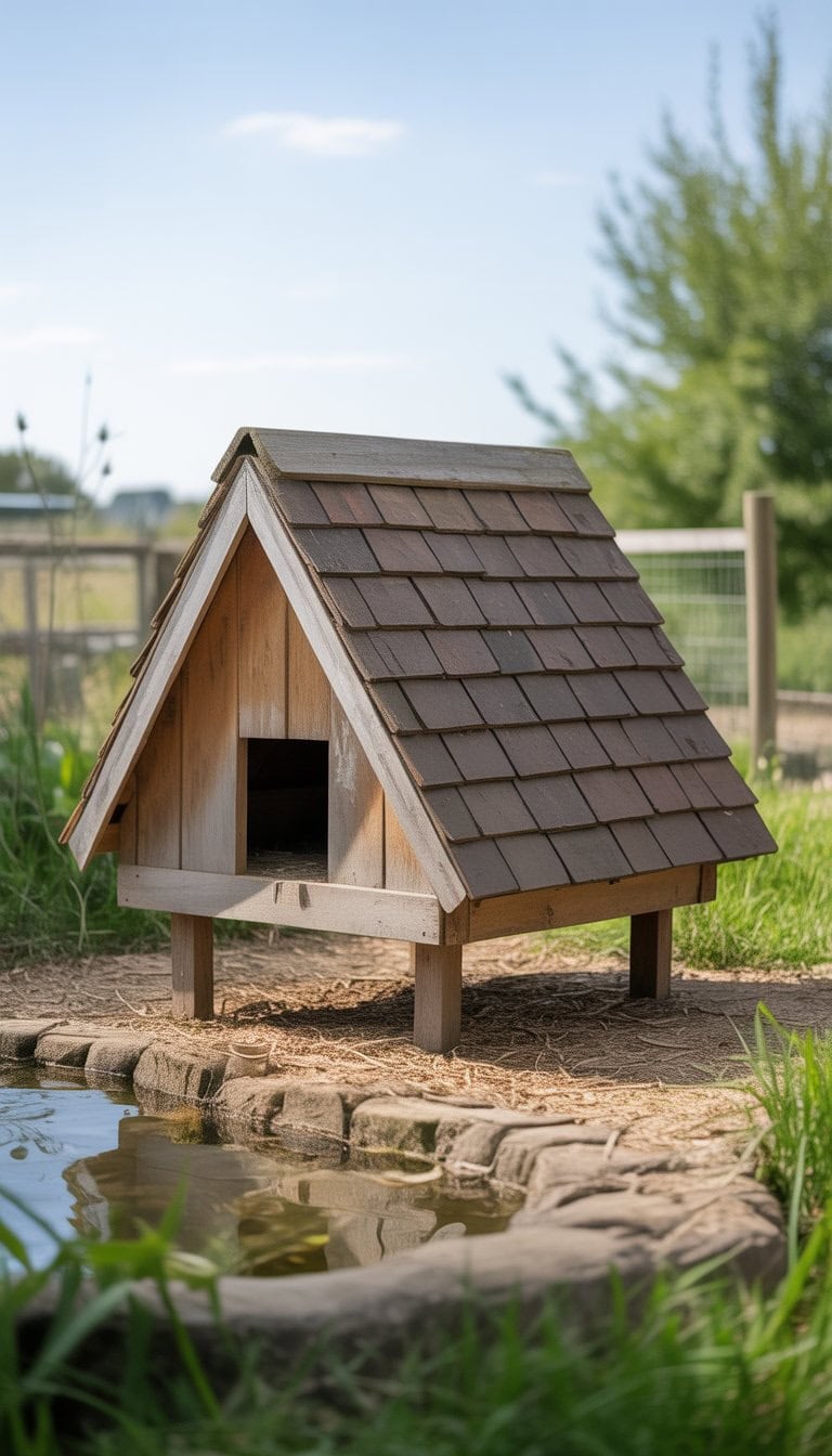 A wooden A-frame duck house with a shingle roof in a natural outdoor setting surrounded by grass and a small water area.