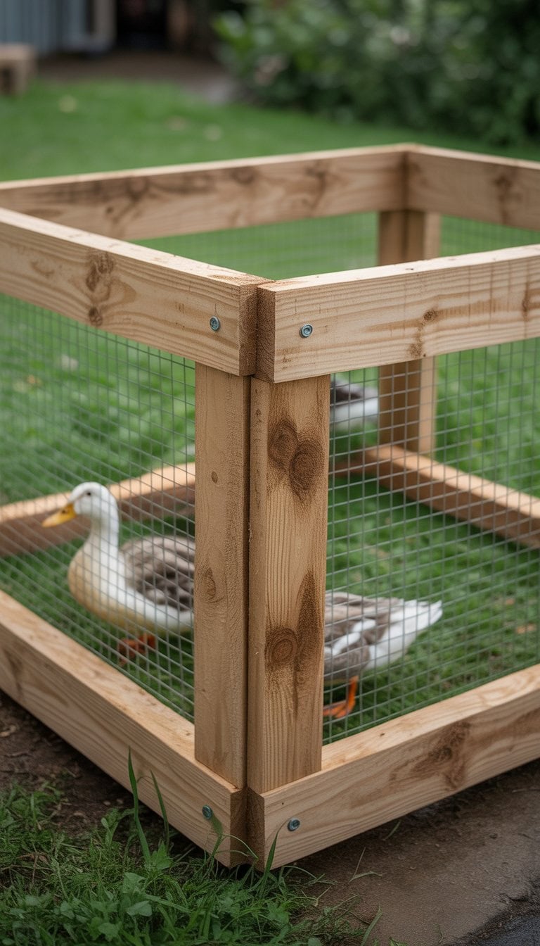 A wooden framed duck enclosure made from treated 2x4s with ducks inside in a backyard setting.
