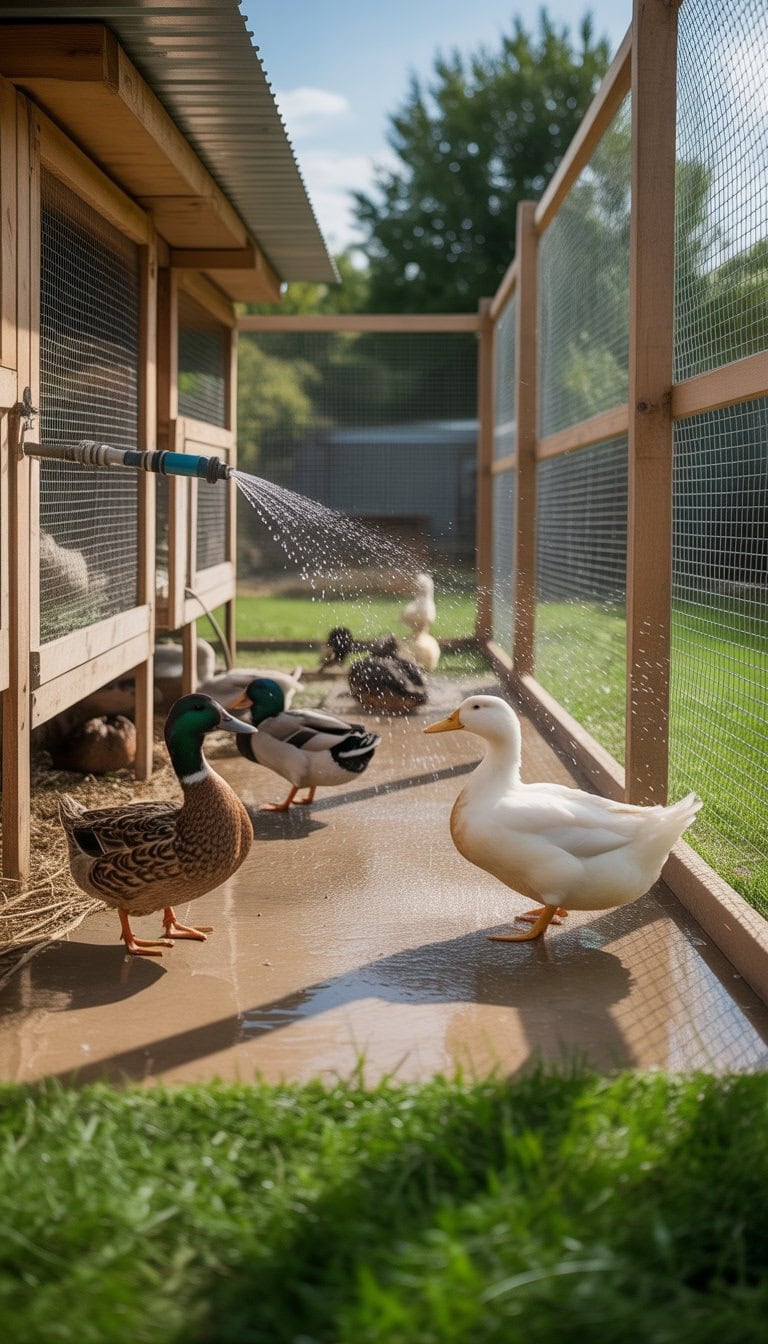 Outdoor duck enclosure with a spray system rinsing the coop floor and ducks nearby.