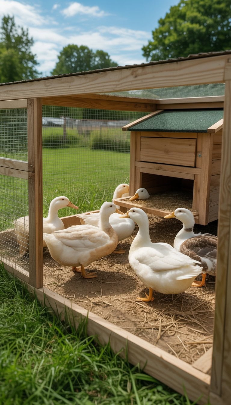 A spacious wooden duck coop with several ducks inside, surrounded by grass and a wire fence in an outdoor farm setting.