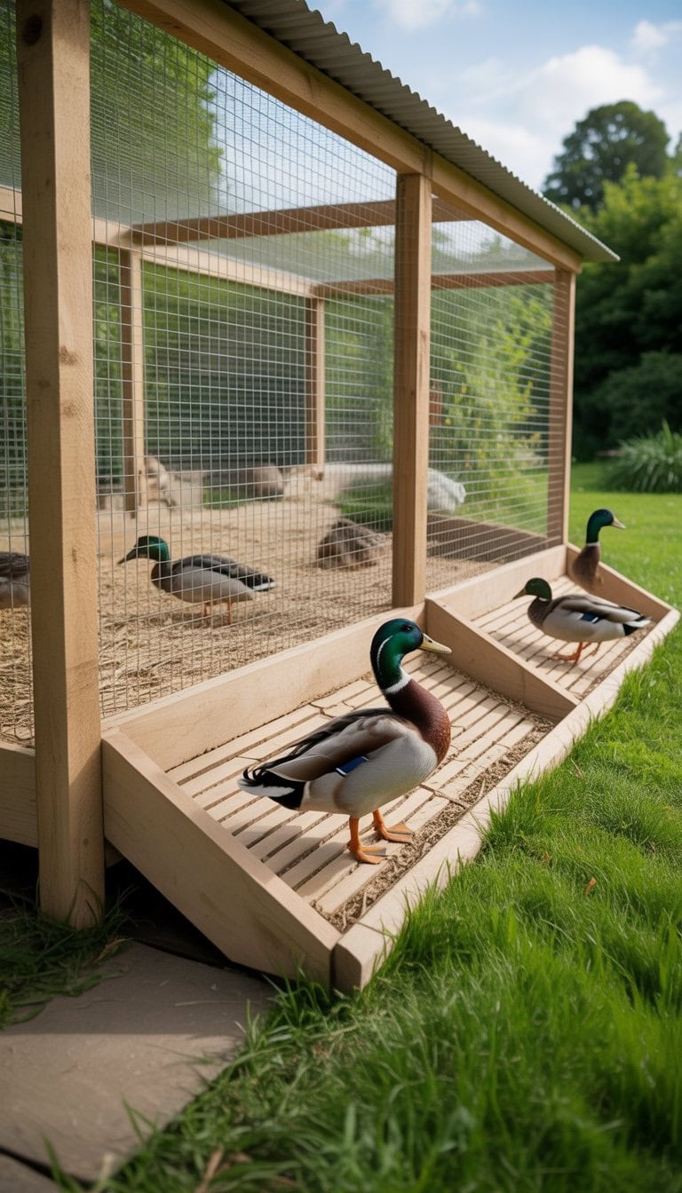 Outdoor duck enclosure with sloped flooring and several ducks inside surrounded by grass and vegetation.