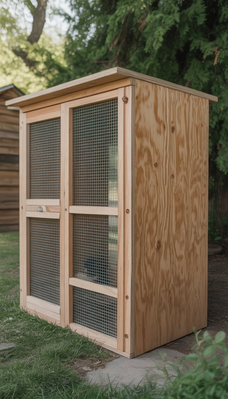 A sturdy outdoor duck enclosure made from weather-resistant plywood in a backyard with grass and trees.
