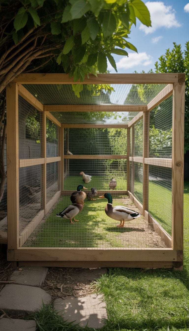 Outdoor duck enclosure with a half-shaded run area where ducks are resting and walking under sun and shade.