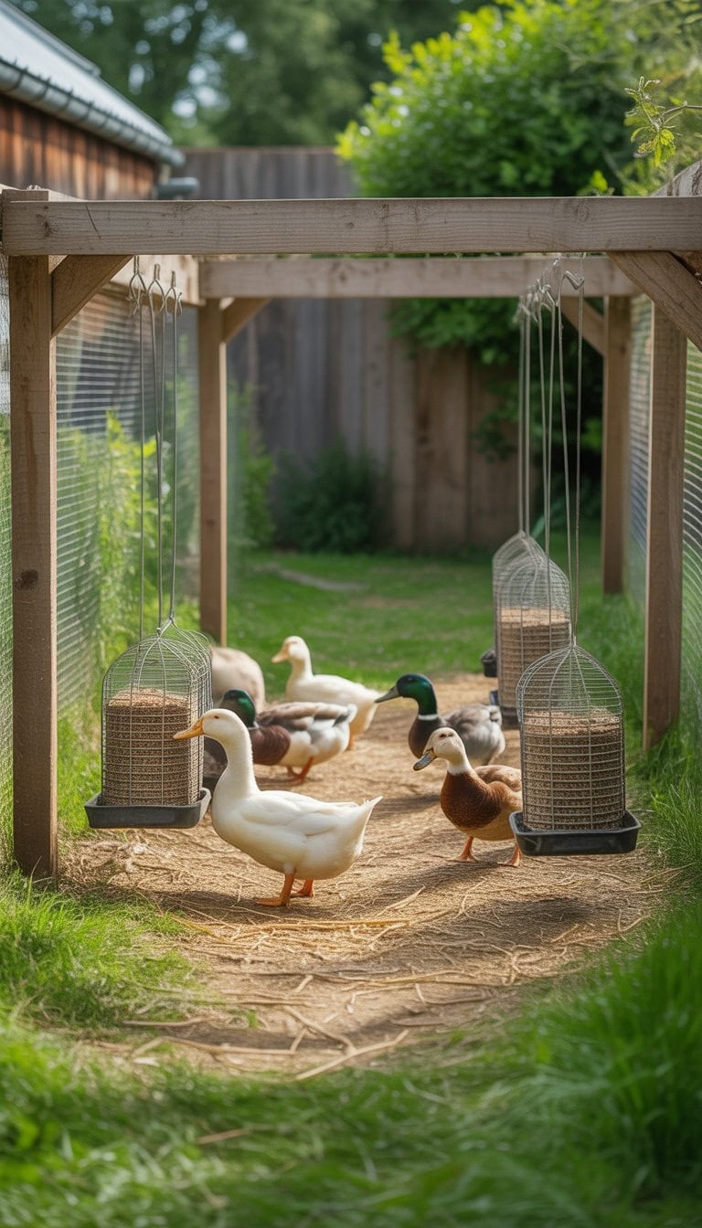 A backyard duck enclosure with hanging feeders and ducks eating underneath on a clean ground covered with straw.