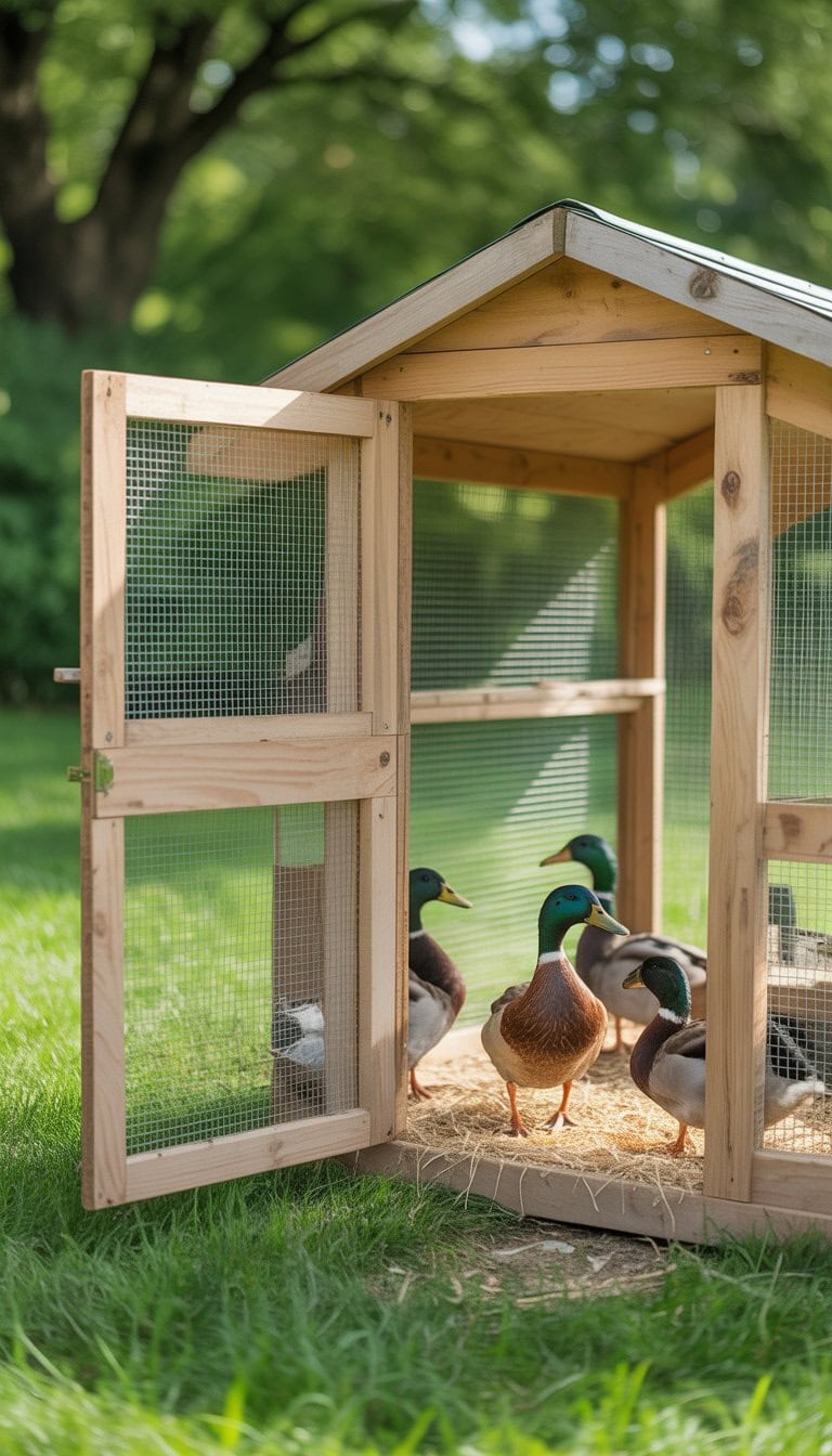 A wooden duck enclosure with an open maintenance door showing ducks inside in a green backyard.