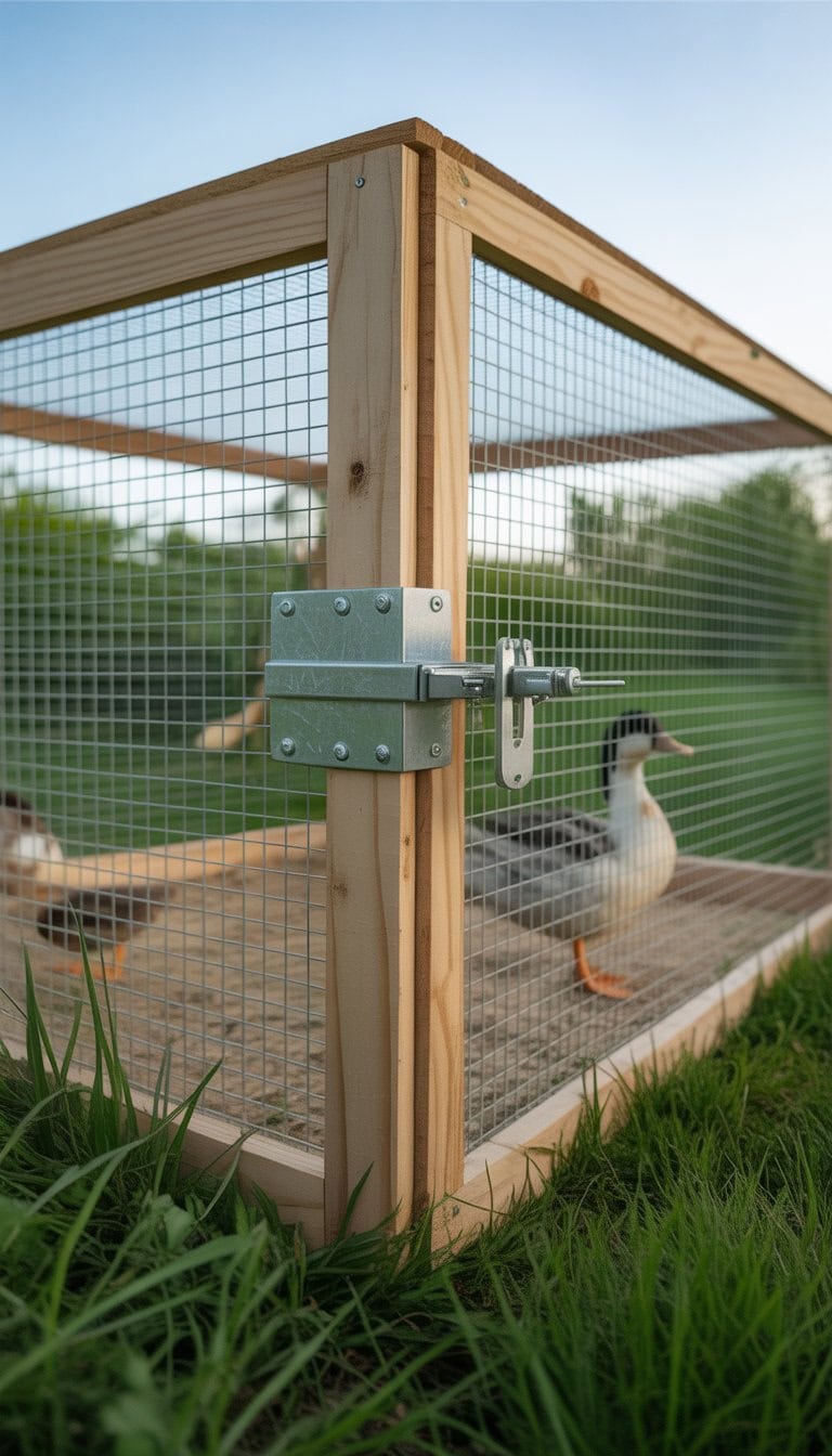 A backyard duck enclosure with a secure metal latch system and ducks inside surrounded by grass and plants.