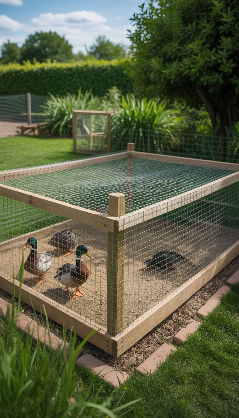 A backyard duck enclosure with wire mesh buried underground to prevent digging, containing several ducks inside.