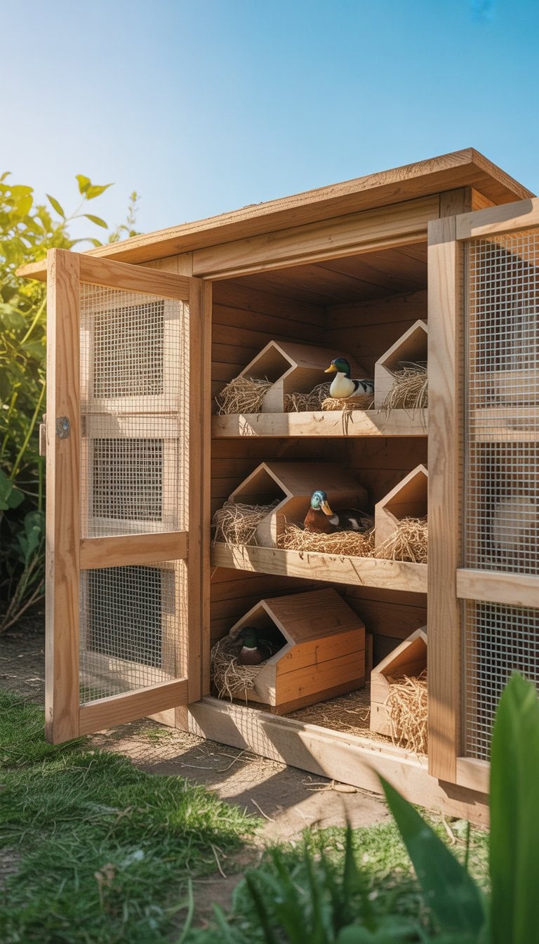 A wooden duck coop with multiple nesting boxes inside, situated outdoors on grass with green plants around.