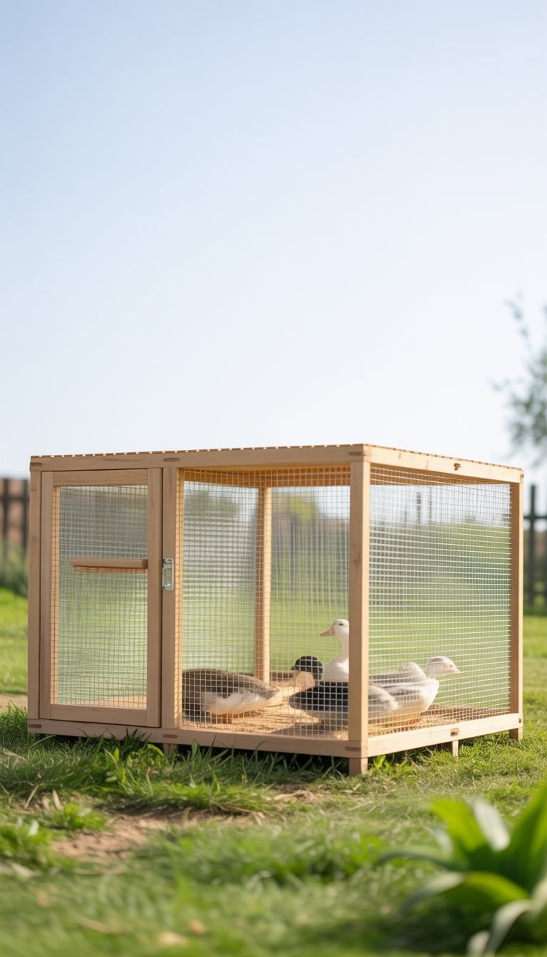 A portable duck enclosure outdoors with two ducks inside on grass, surrounded by green plants and a wooden fence in the background.