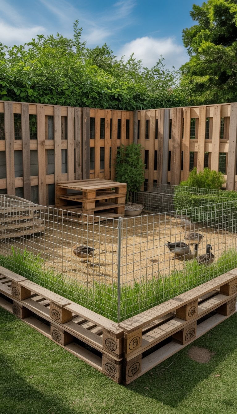 A backyard with a fence made from recycled wooden pallets enclosing ducks and a small wooden shelter.
