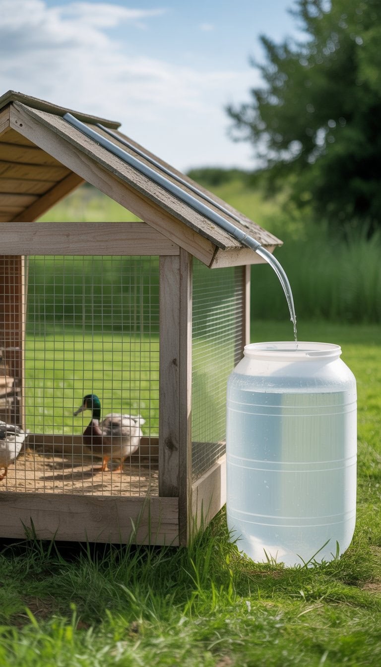 A small wooden duck enclosure with a rainwater collection barrel next to it and ducks inside the fenced area.