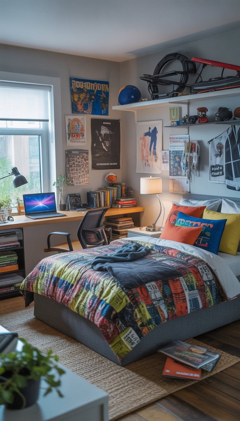 A teenage boy's bedroom with a bed, desk, shelves, and personal items arranged neatly in a bright and organized space.