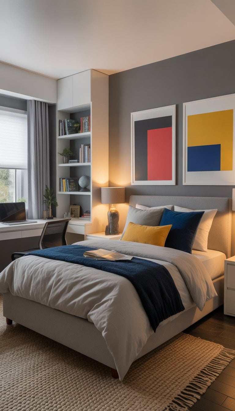 A tidy teen boy's bedroom with a bed, desk, bookshelf, and colorful accents in a neutral-toned room.