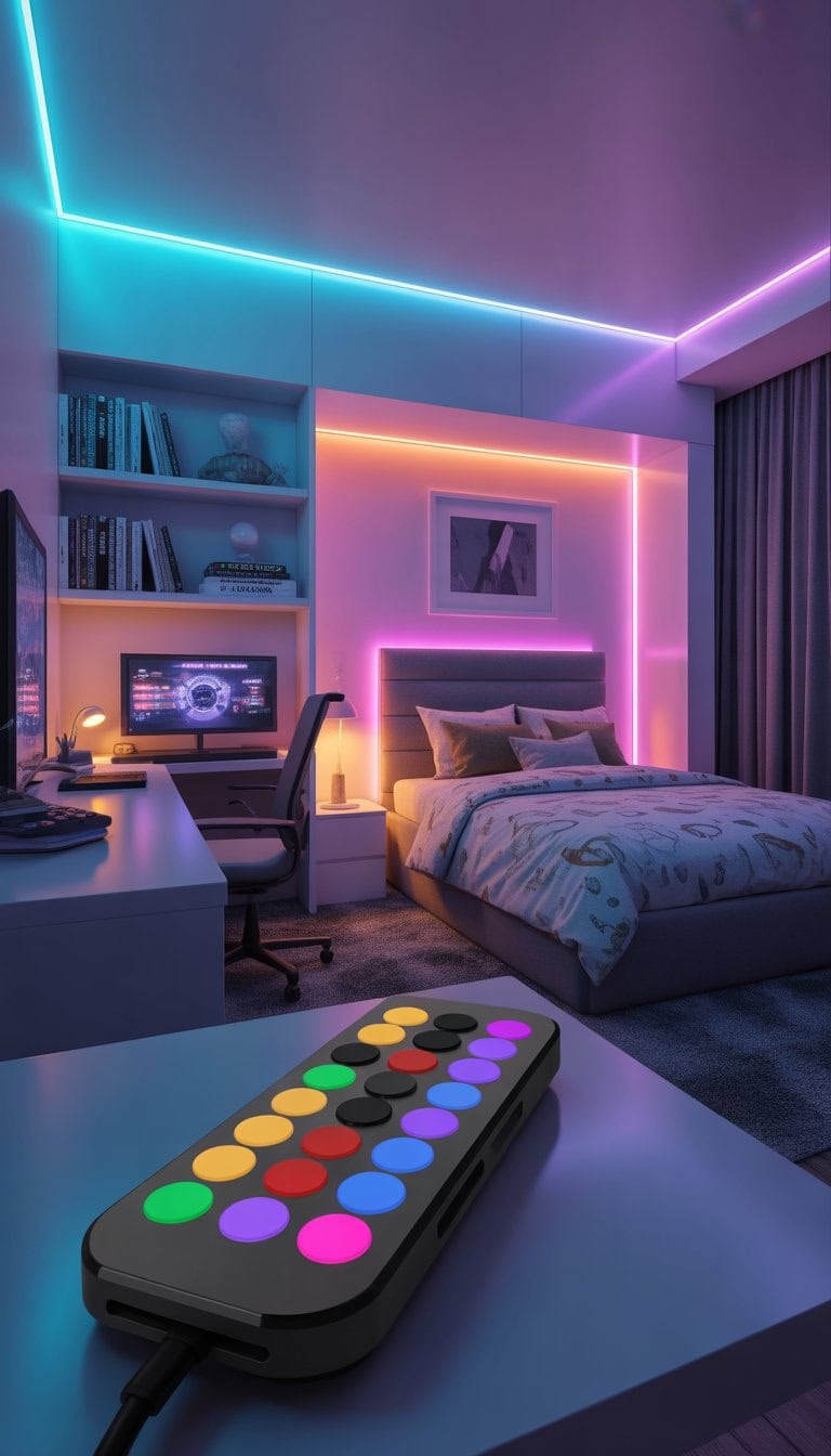 A teenage boy's bedroom with colorful LED strip lights along the ceiling and behind the bed, featuring a desk with a remote control and modern furniture.