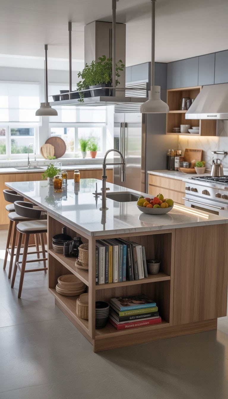 A modern kitchen with a large kitchen island featuring built-in storage, a sink, and seating, surrounded by contemporary cabinetry and appliances.