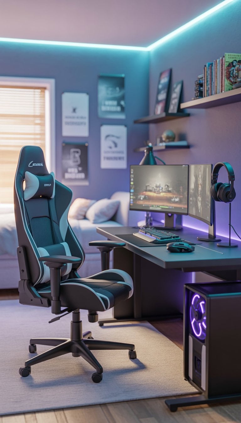 A teen boy's bedroom gaming corner with an ergonomic chair, multi-monitor setup, gaming accessories, and shelves with gaming items.