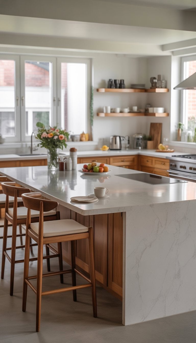 A modern kitchen with a large island featuring a built-in breakfast bar with bar stools, natural light, and kitchen appliances in the background.