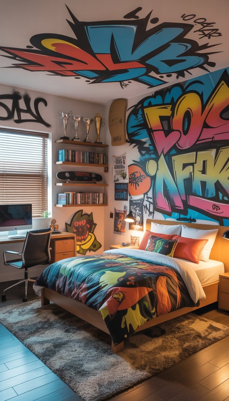 A teen boy's bedroom with colorful graffiti wall decals, a bed, desk, and shelves with sports trophies and skateboards.