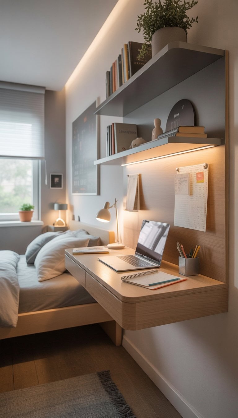 A teenage boy's bedroom with a floating desk holding a laptop and books, shelves above, and a bed nearby.