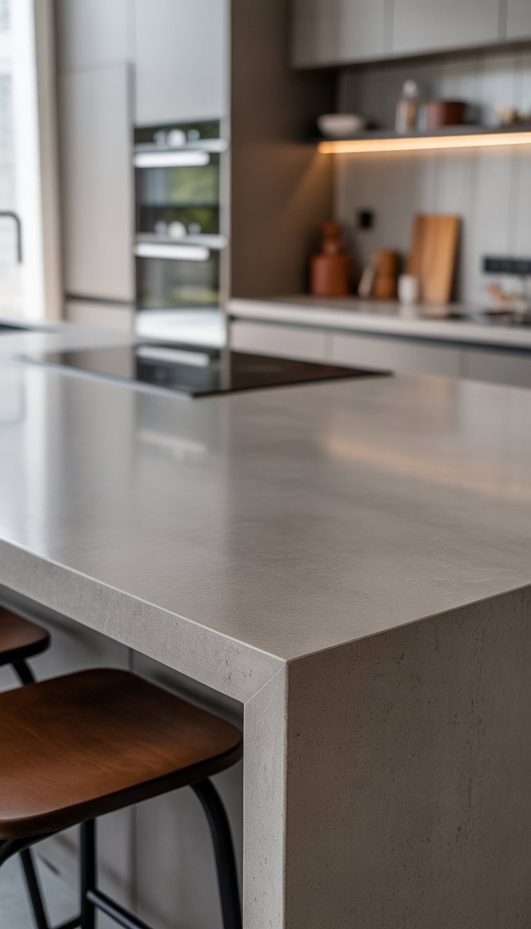 A modern kitchen with a minimalist concrete countertop kitchen island and surrounding cabinets.