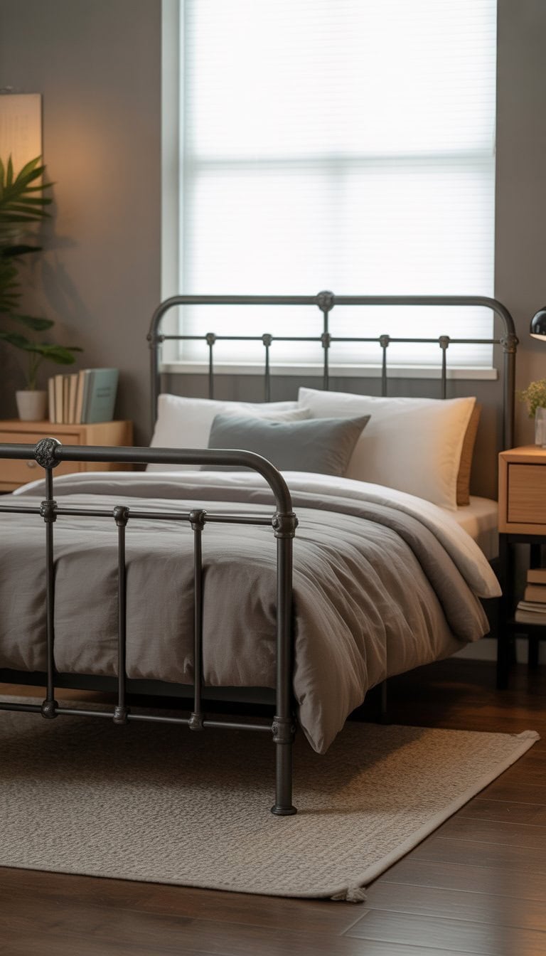 A neat bedroom with a metal bed frame, bedding, nightstand with lamp, books, and a potted plant near a window.