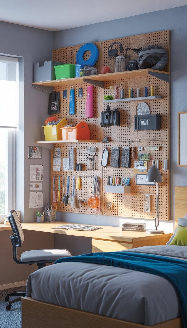 A teenage boy's bedroom with a customizable pegboard organizer filled with various items above a desk next to a bed.
