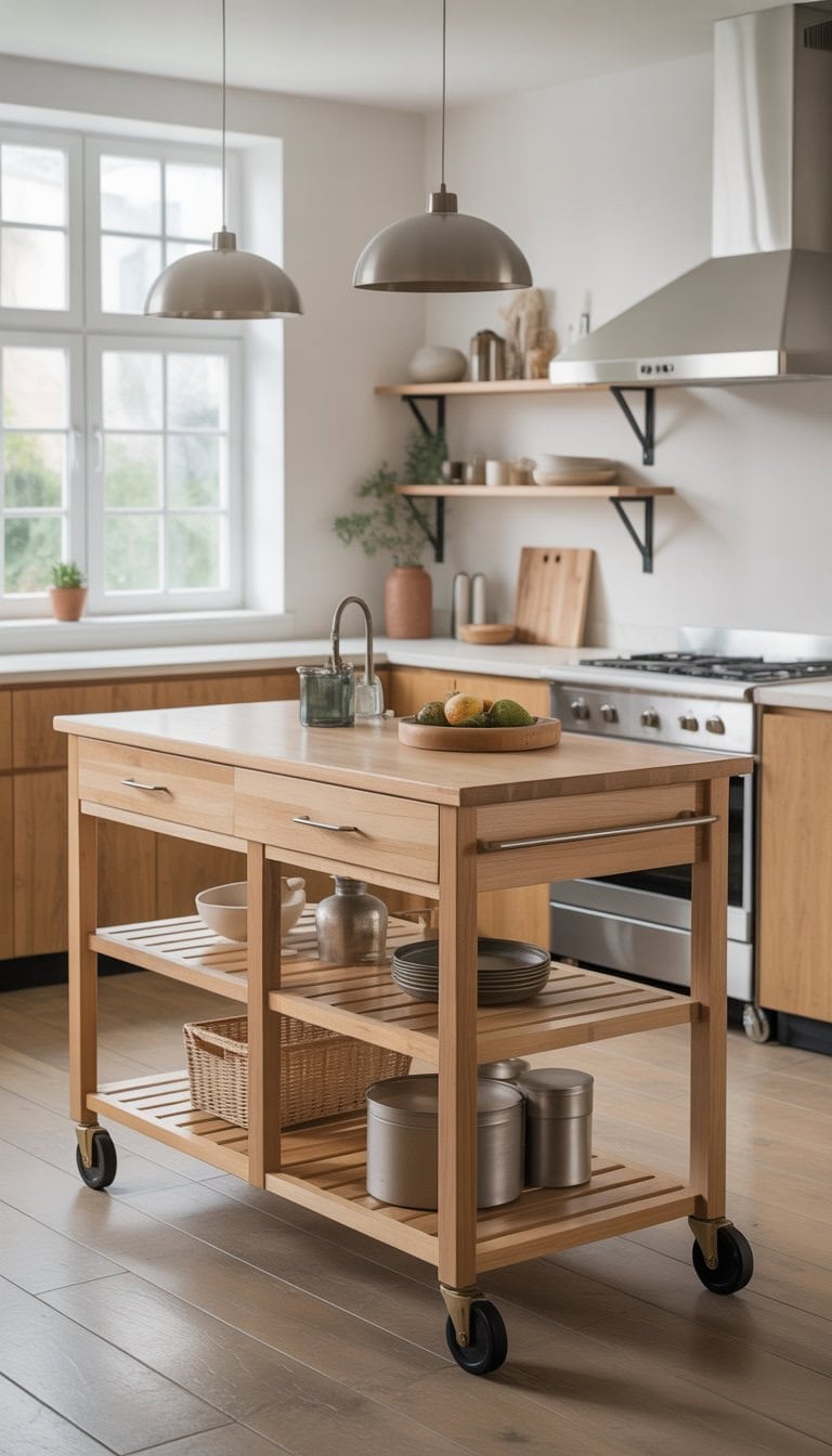 A modern kitchen with a portable kitchen island on wheels in the center, surrounded by appliances and bright natural light.