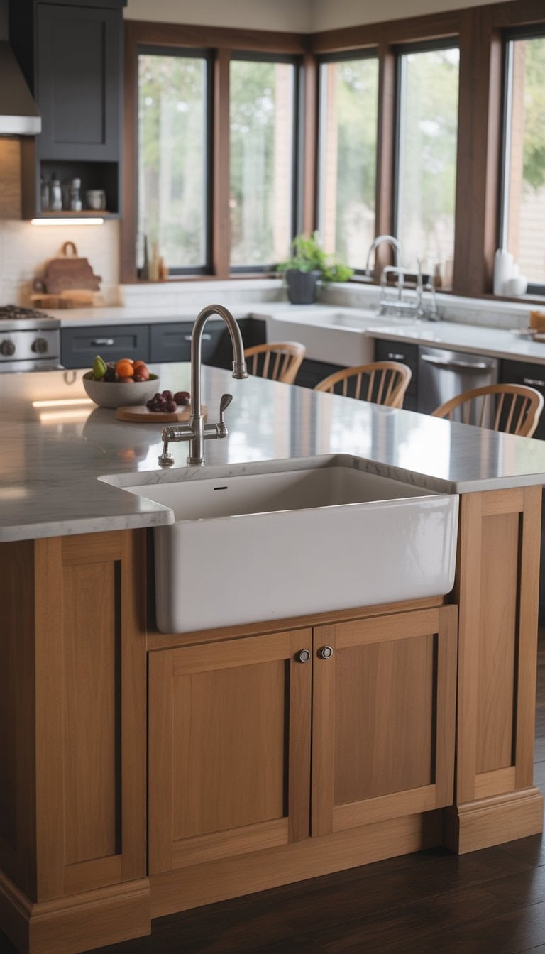 Bright kitchen with a large island featuring a white farmhouse sink and bar stools, surrounded by modern cabinets and appliances.