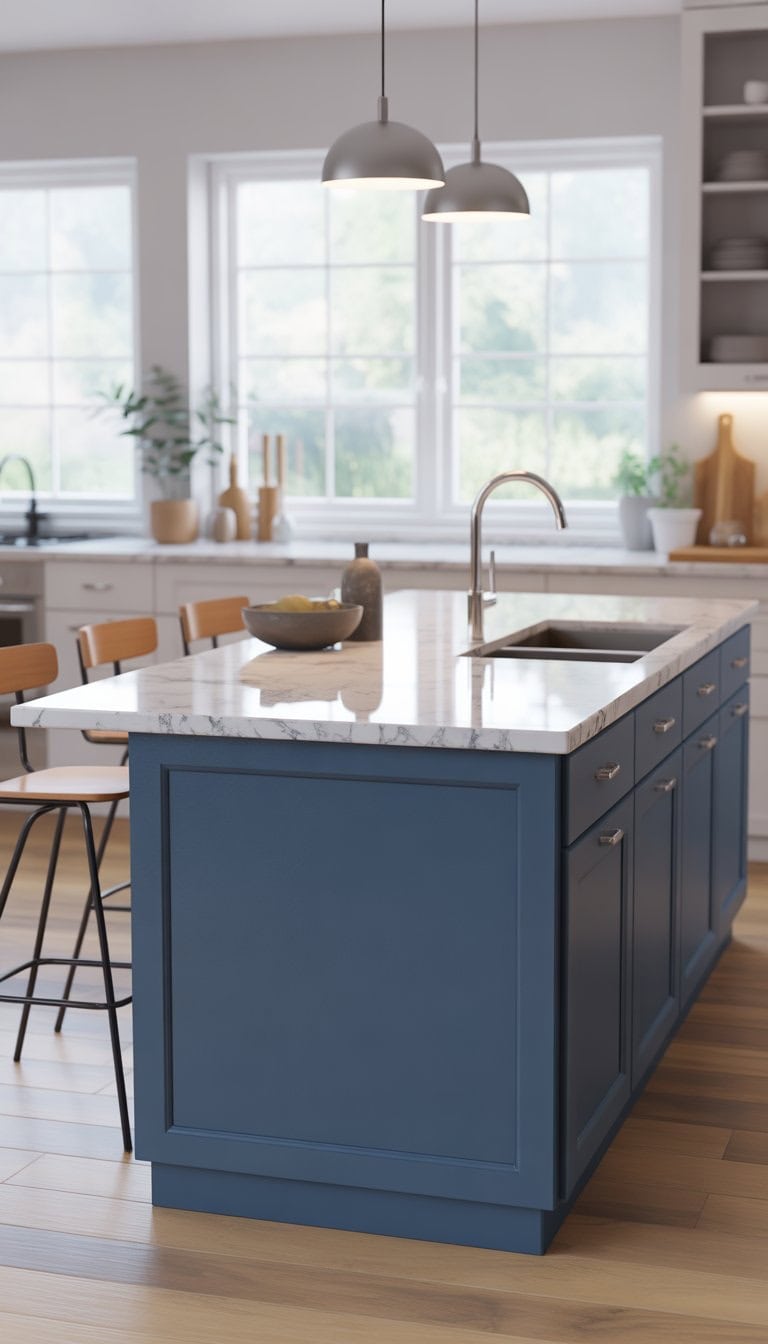 A modern kitchen with a kitchen island featuring a dark blue base and white countertop, surrounded by bar stools and natural light from large windows.