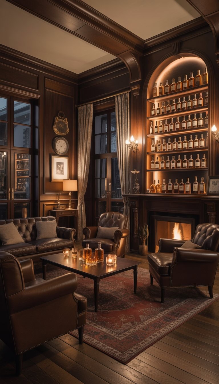 A cozy whiskey lounge room with leather chairs, a wooden bar stocked with whiskey bottles, a fireplace, and warm lighting.