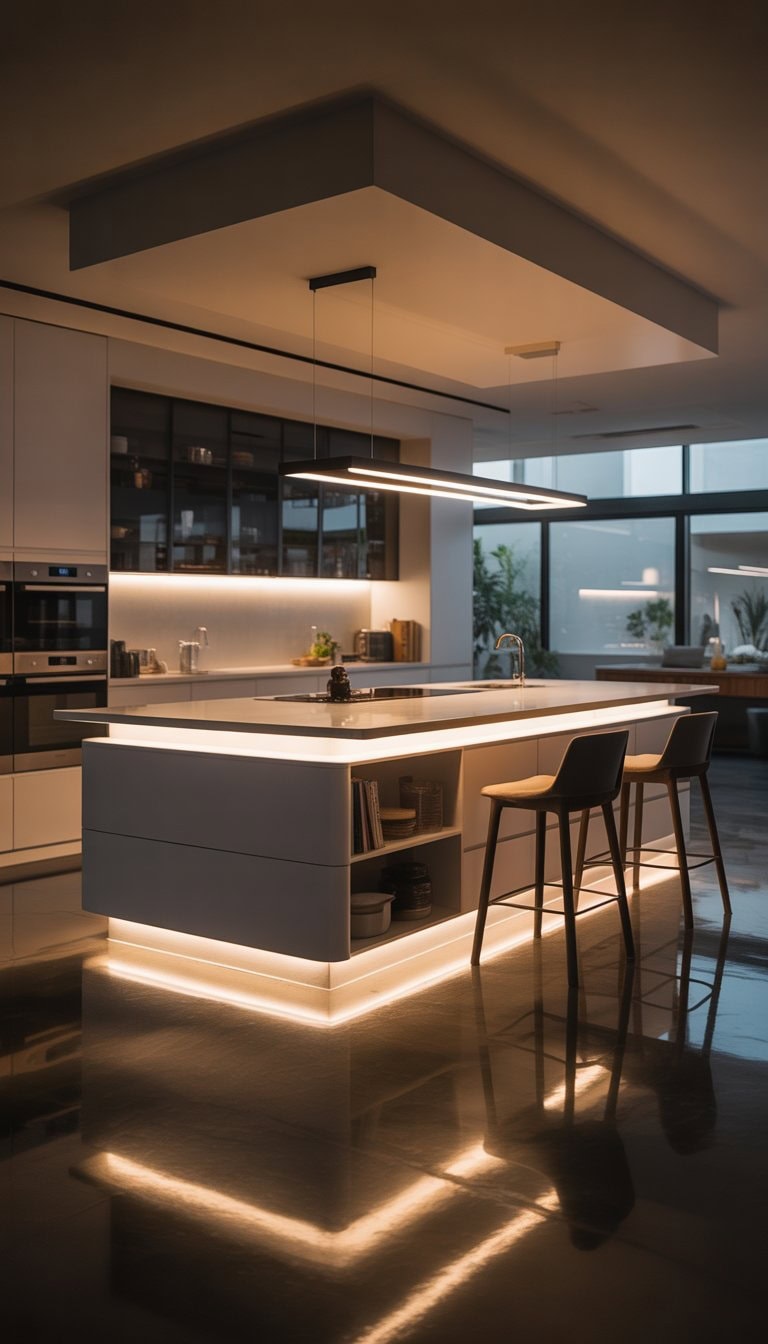 A kitchen with a large island illuminated by warm under-counter lighting, surrounded by modern cabinetry and bar stools.
