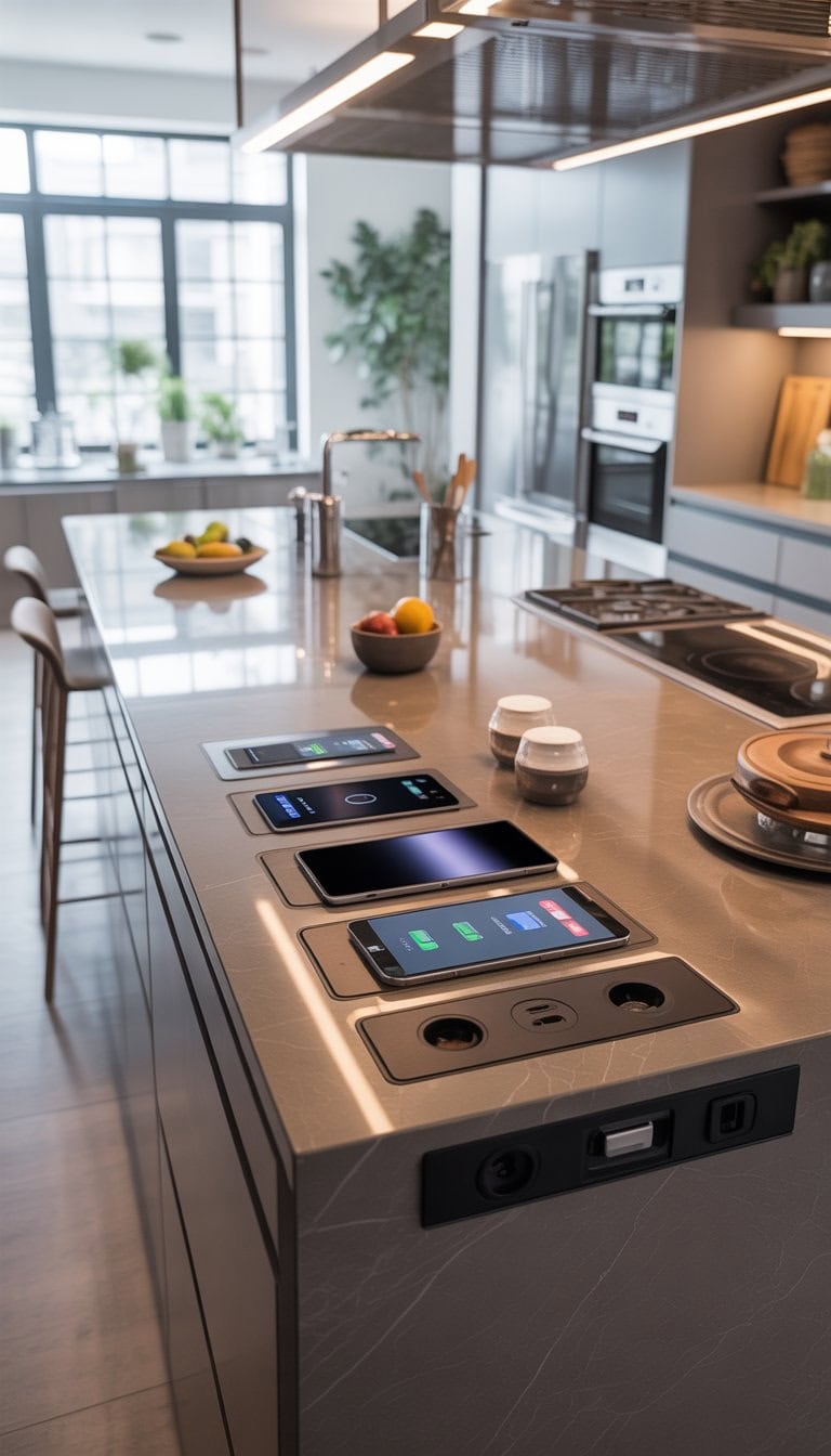A modern kitchen with a large island featuring built-in charging stations for devices, surrounded by bar stools and kitchen accessories.