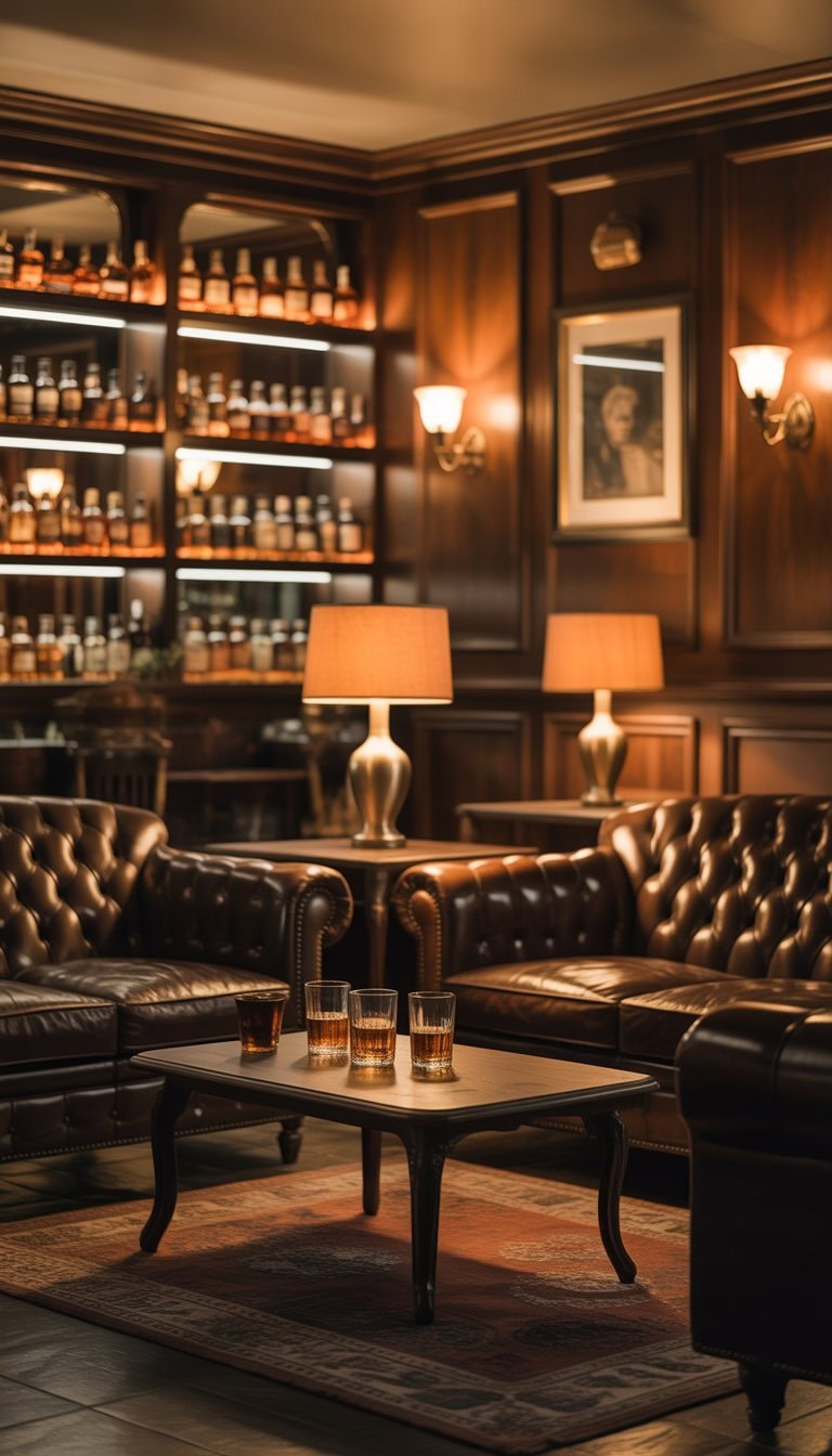 A cozy lounge room with vintage leather sofas, wooden coffee table, shelves with whiskey bottles, and warm lighting.