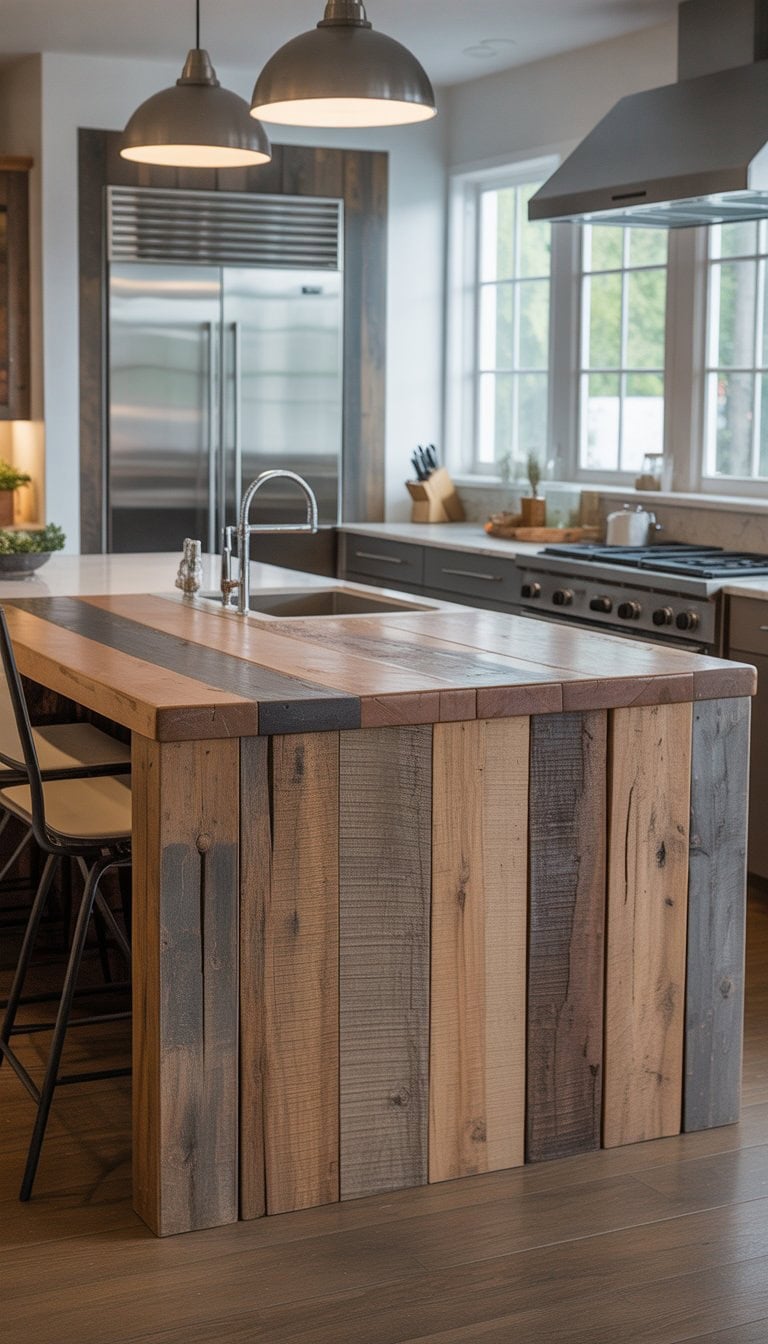 A bright kitchen with a large wooden island and modern appliances.